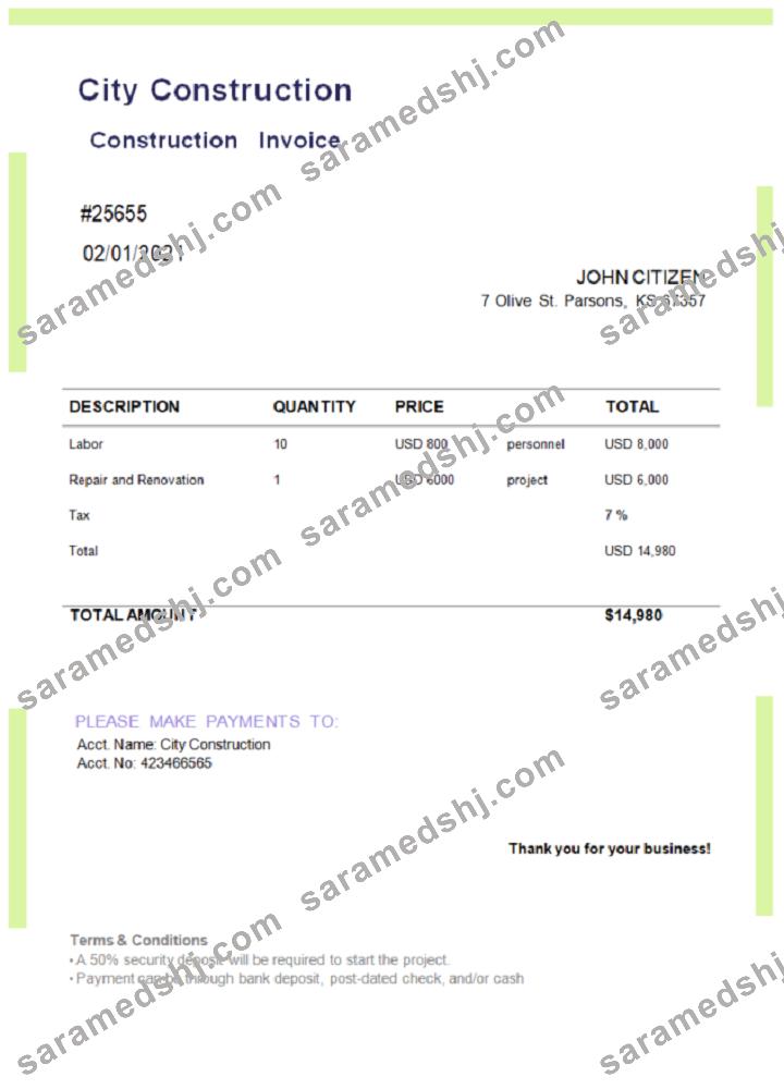 USA City Construction invoice